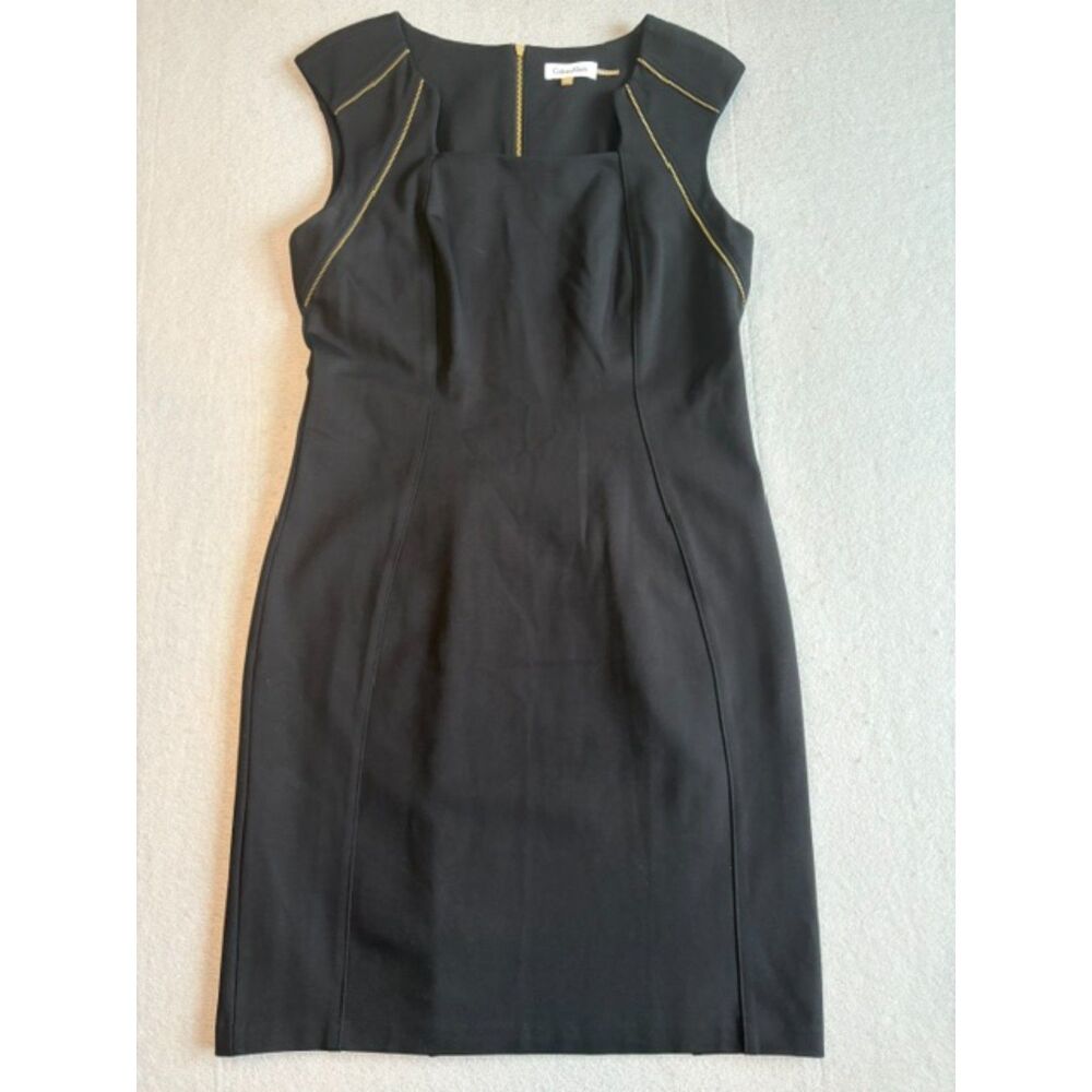 Calvin Klein Zipper Sheath Dress Size 12 Black Stretch Gold Zipper Motif EUC